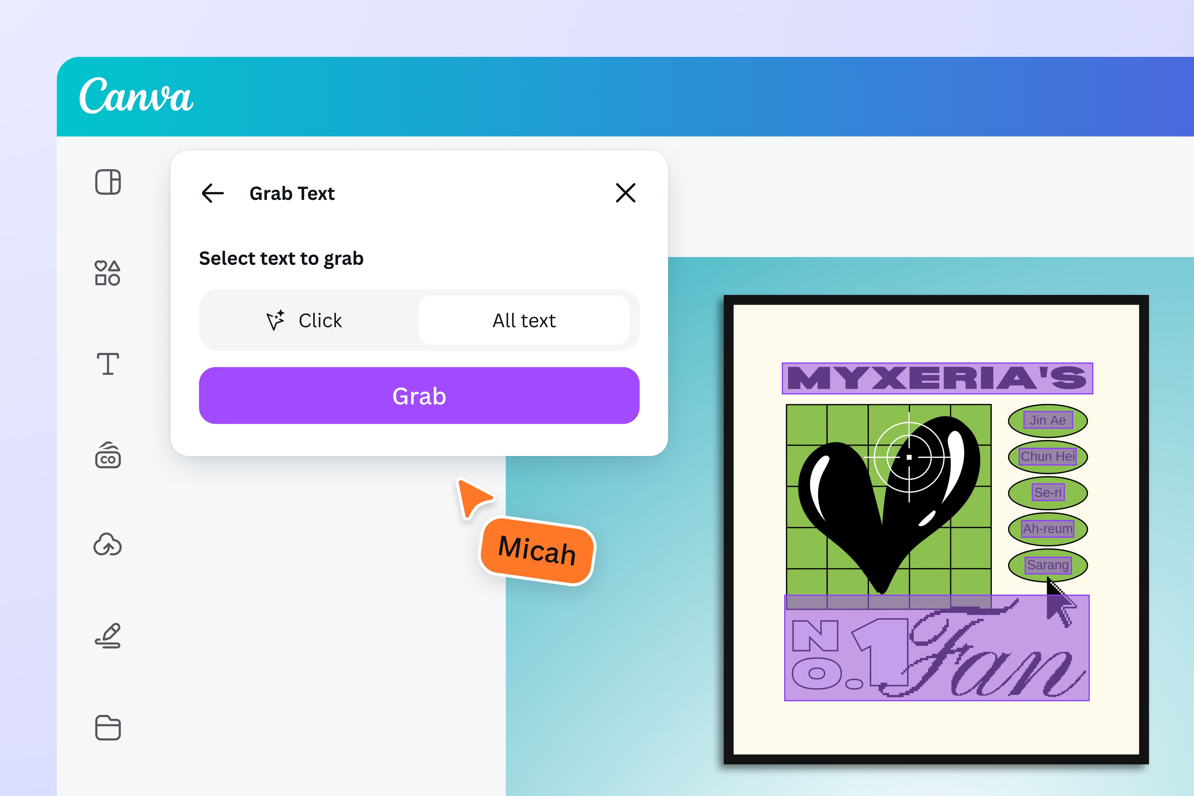 Canva official Grab Text panel showing Click, All text, and Grab options beside selected text.